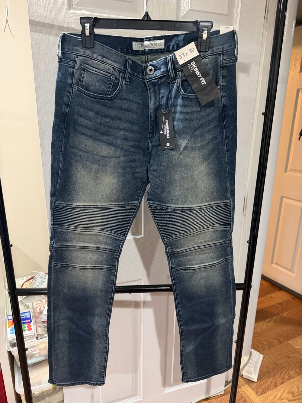 Express Men's Indigo Skinny Jeans with Ribbed Knee Panels